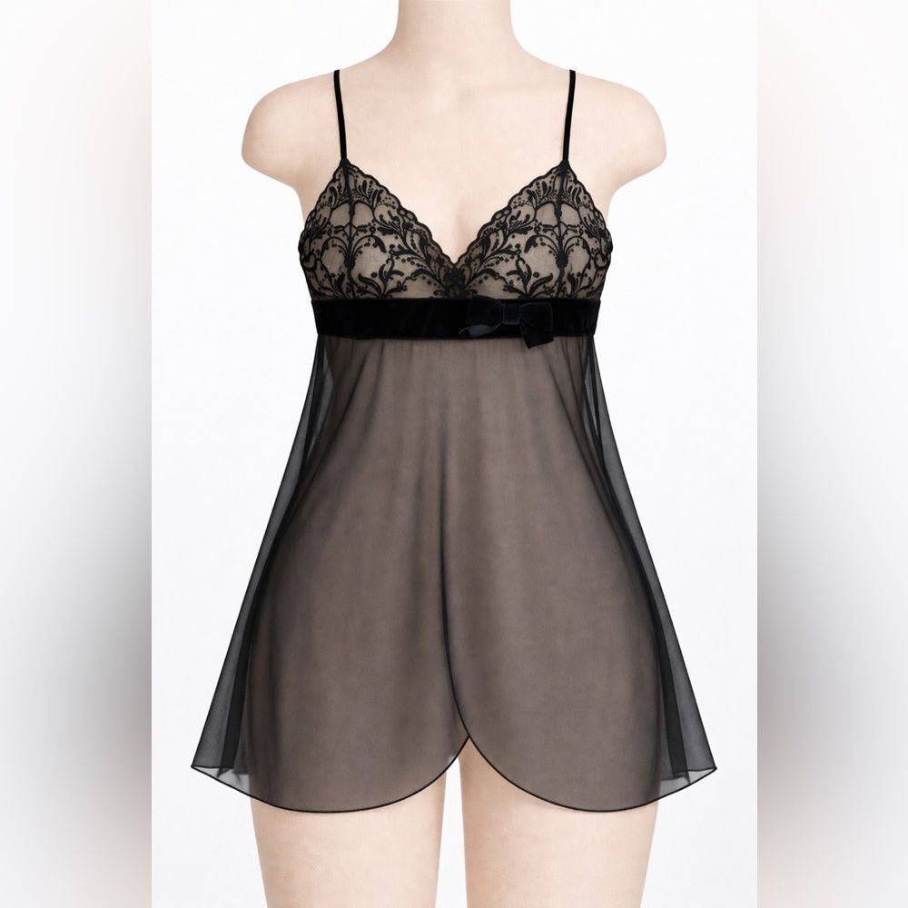 Victoria’s Secret Angels Black Sheer Lace Babydoll Nightgown Lingerie L VTG Y2K